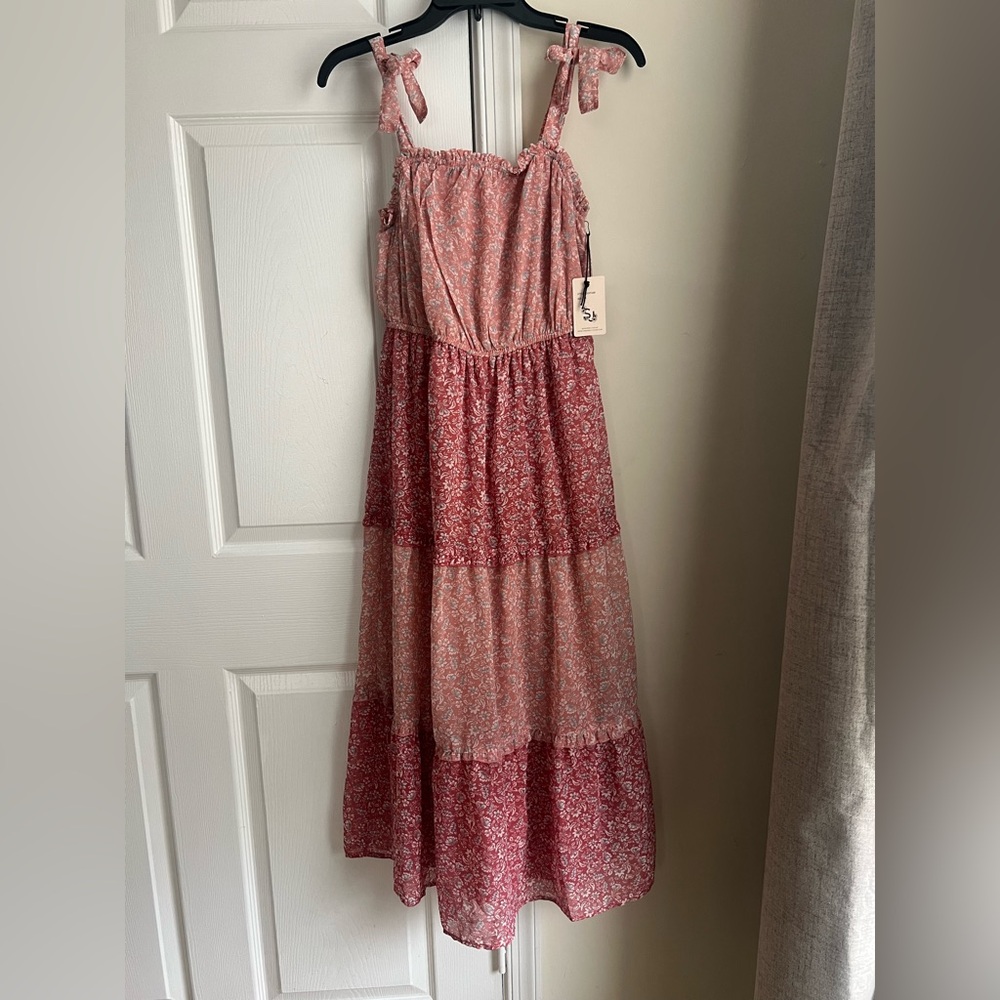 NWT Sincerely Jules Pink Floral Cottagecore Tiered Tie Straps Midi Dress Medium